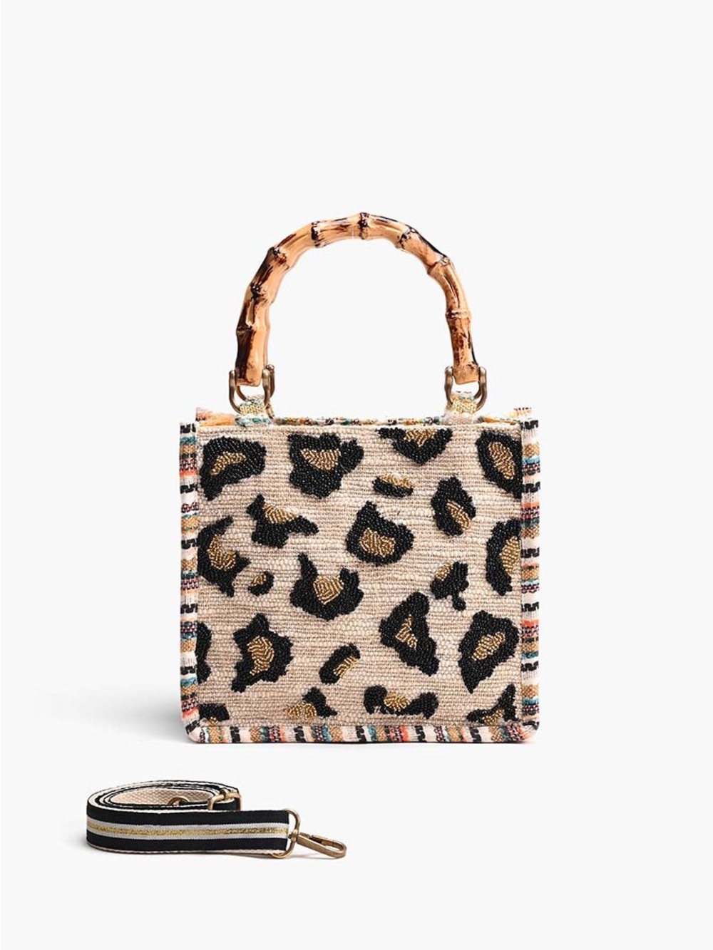 America & Beyond Luxe Leopard Beaded Top-Handle Bag with Bamboo Handle